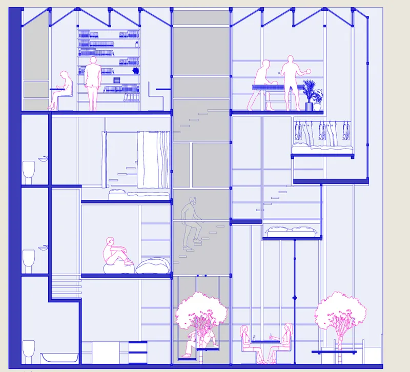Section drawing showing split-level living spaces with figures, ladders, and planting between units