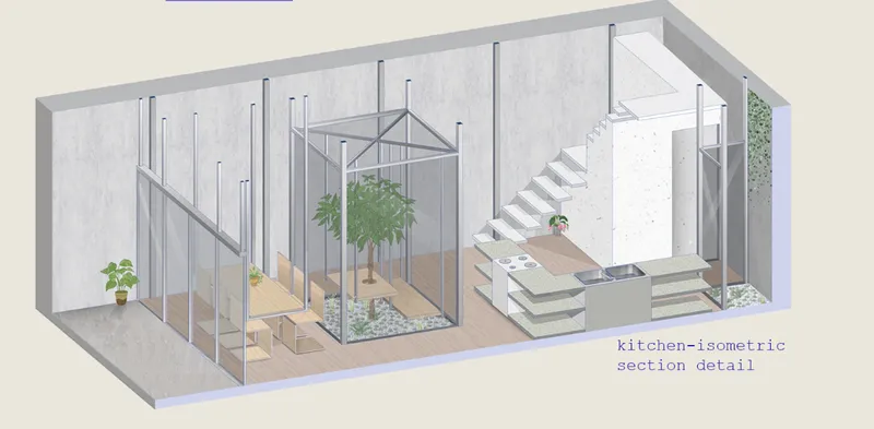 Isometric cutaway drawing revealing kitchen, stairs, and enclosed courtyard with interior tree