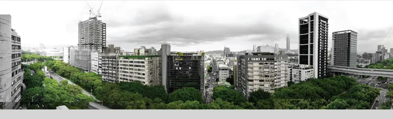 Panoramic view of the dense urban streetscape with tree-lined avenues under overcast skies