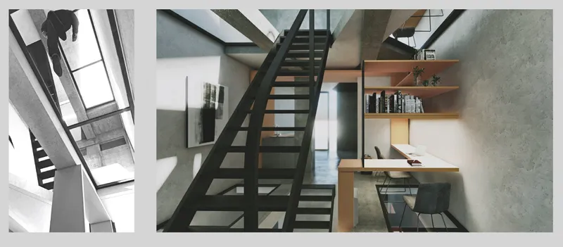 Black steel staircase ascending through the double-height space with skylights above and built-in desk below