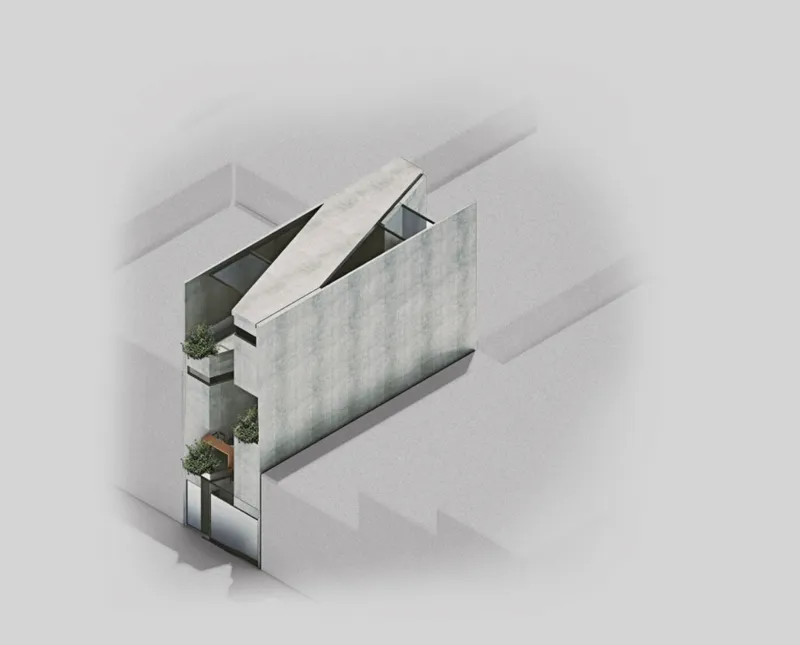 Axonometric drawing showing the concrete facade with cantilevered volumes and planted terraces