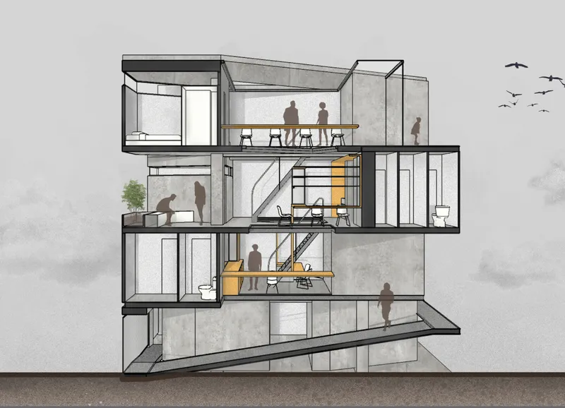 Section drawing revealing the split-level interior with staircases connecting four floors and silhouetted figures