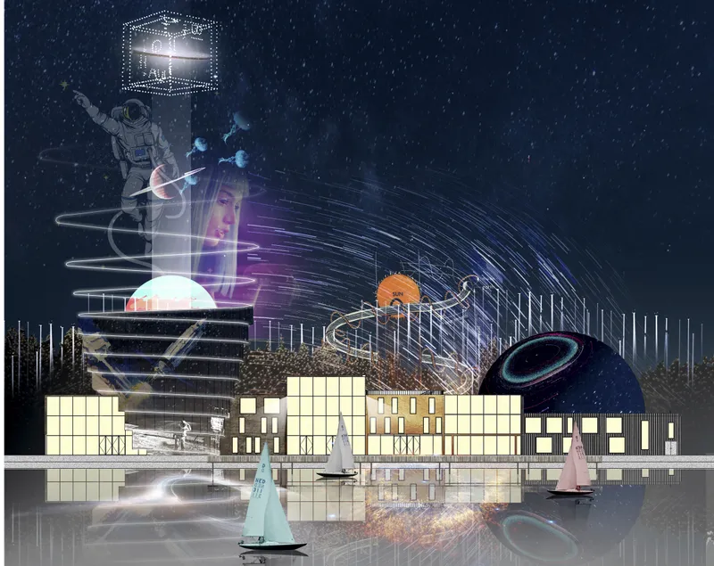 Night rendering showing a mixed-use complex with cylindrical and spherical volumes reflected in still water with sailboats