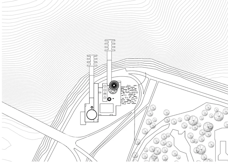 Site plan drawing depicting clustered buildings within contoured topography and tree groupings
