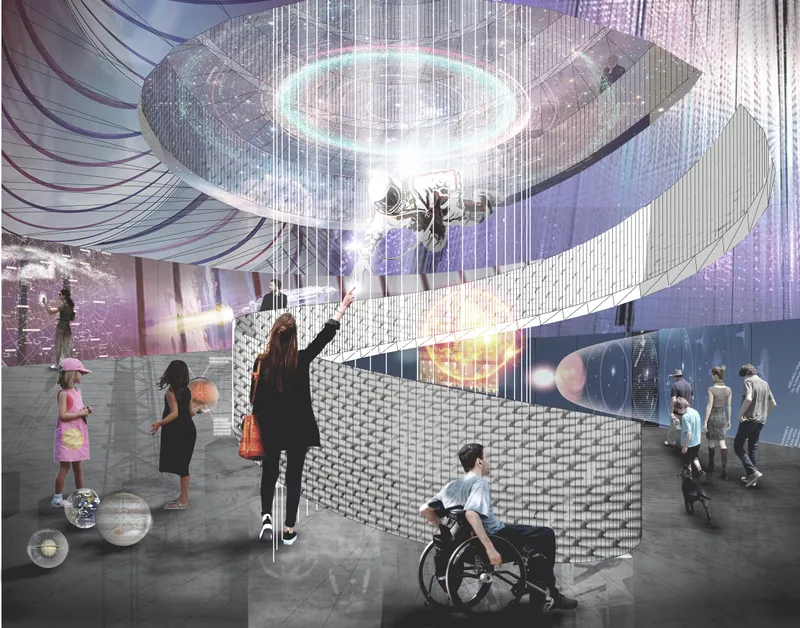 Interior atrium rendering with visitors beneath hanging light rings and curved suspended walkways