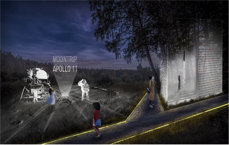 Dusk rendering of an illuminated pathway leading visitors through a forested landscape toward a concrete pavilion