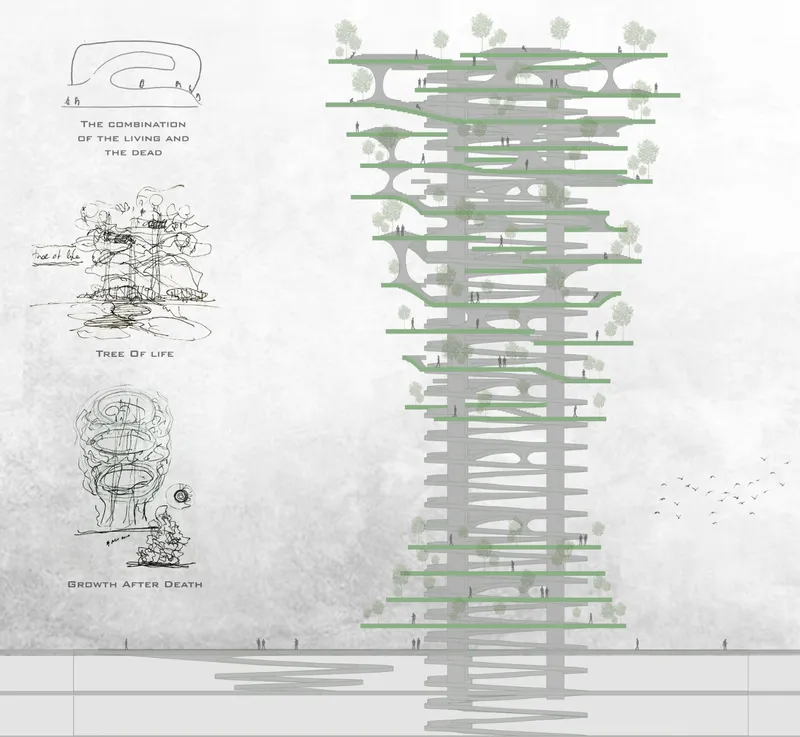 Elevation drawing of a vertical tower with stacked planted terraces and conceptual diagrams