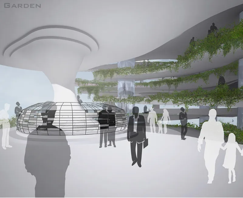 Interior rendering of a spiraling planted atrium with figures and a wire cage structure