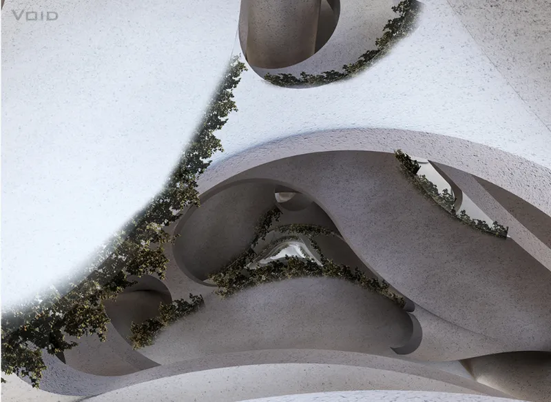 Aerial view of cascading terraces with planted strips winding through white surfaces