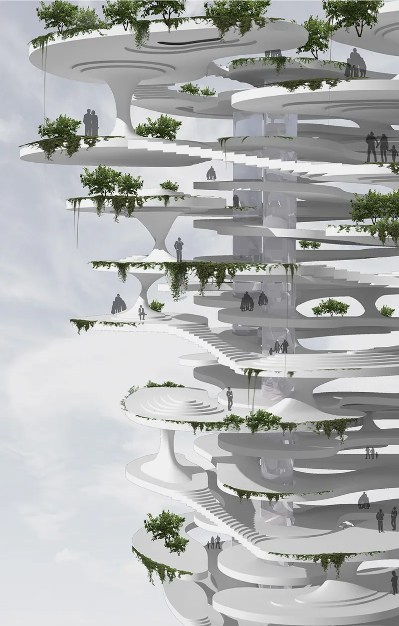 Stacked white platforms with trees and stairs connecting the inhabited levels