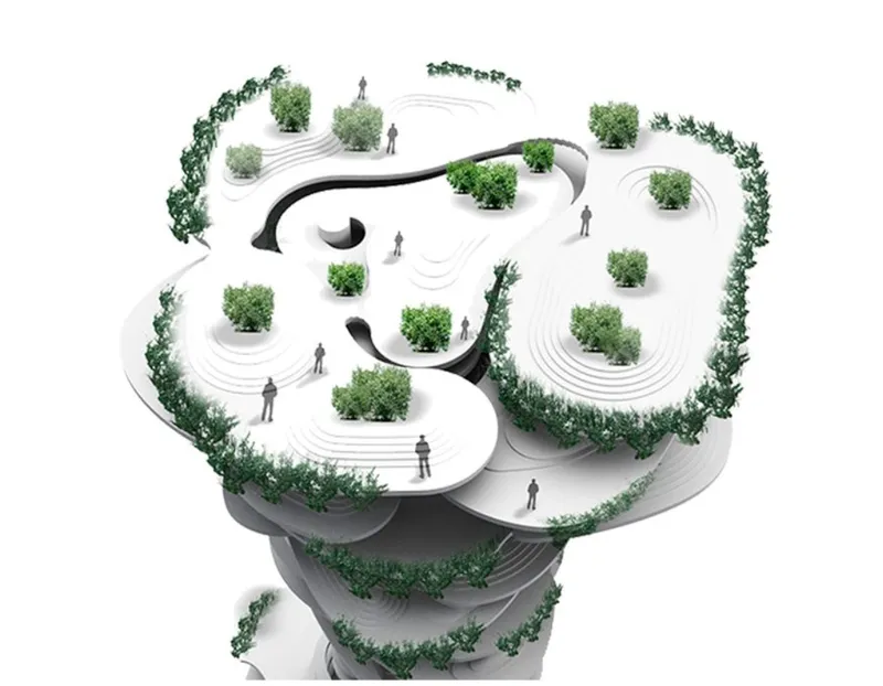 Aerial view of a lobed roof garden with planted edges and figures