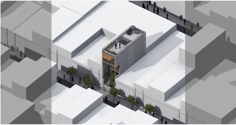 Axonometric drawing showing a narrow townhouse inserted into surrounding white massing with rooftop terrace and planted street level