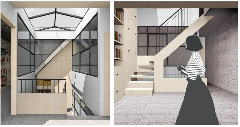 Section perspective views of the interior staircase with steel-framed glazing and a figure ascending the pale timber treads