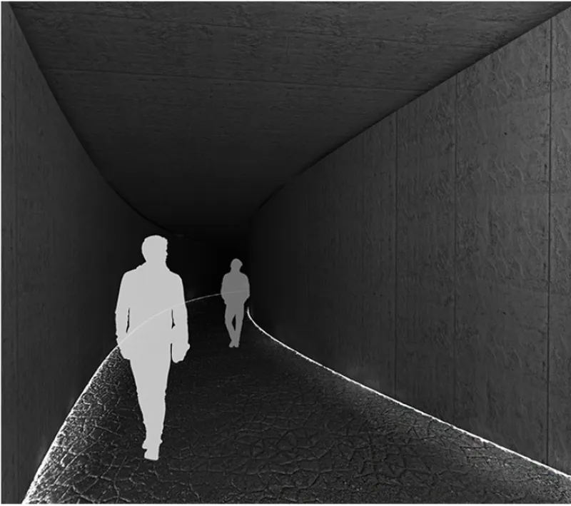 Narrow board-formed concrete corridor with a strip of ground lighting and two figures walking in shadow
