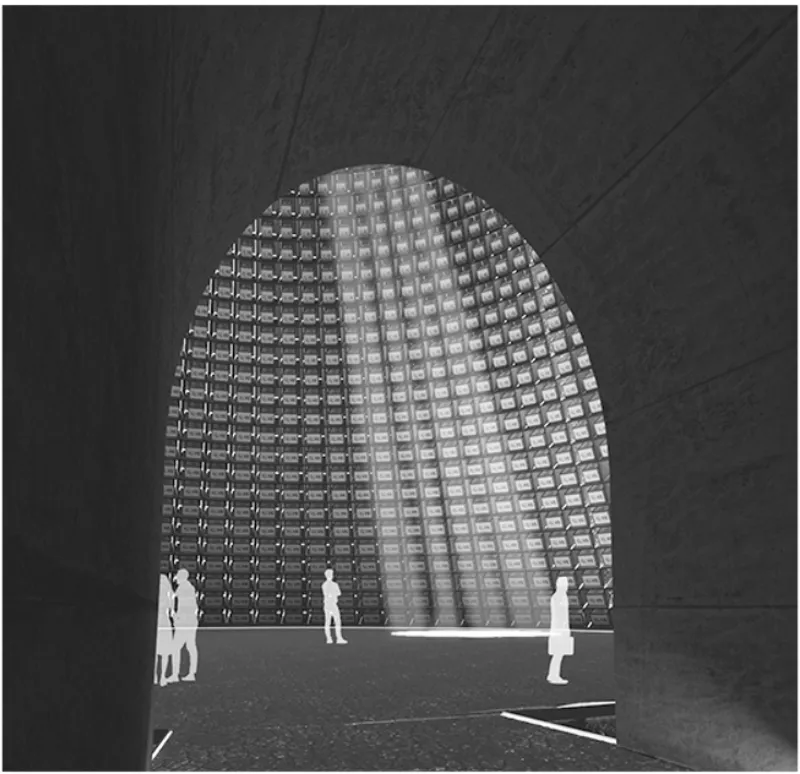 Interior view of a domed grid ceiling seen through an arched opening with figures standing on dark pavement