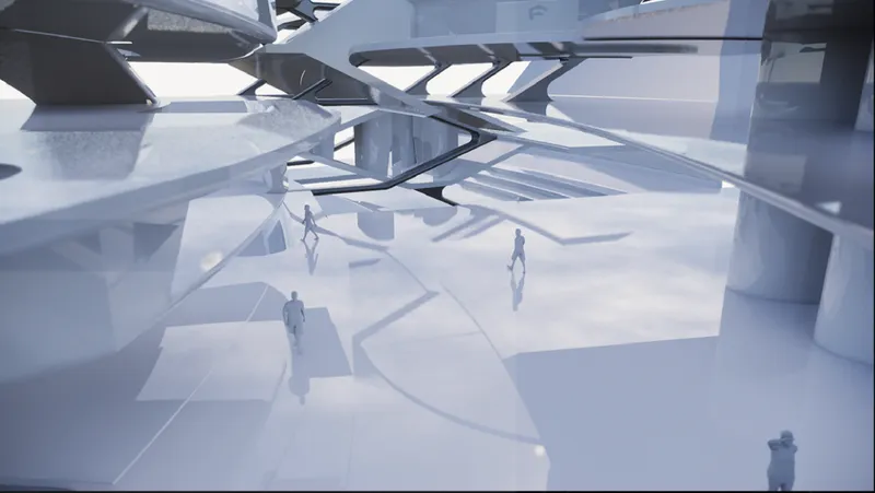 Ground level plaza with angular canopy structure overhead and figures casting shadows in bright sunlight
