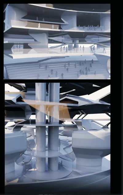 The image presents a futuristic architectural concept, showcasing a complex, layered structure with 