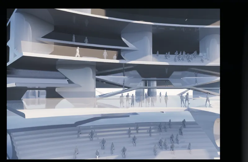 Interior atrium with stacked cantilevered floor plates and scattered figures on multiple levels