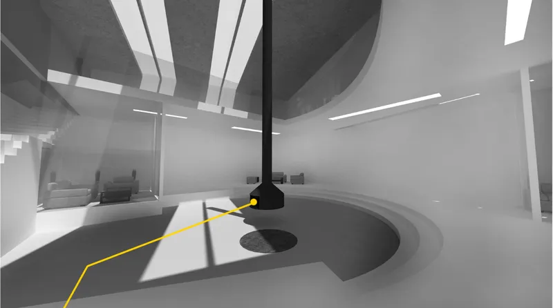Interior rendering of a sunken circular seating area beneath angular skylights with linear lighting