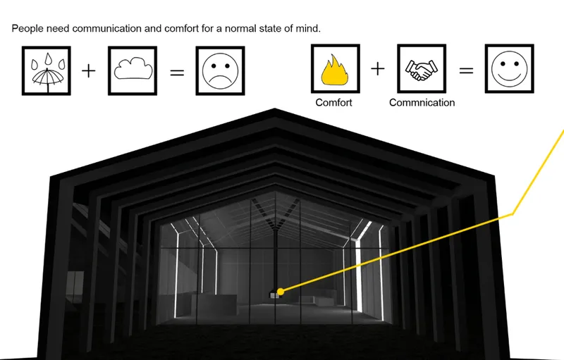 Section drawing showing the layered structural frame of a gabled volume with suspended linear lights
