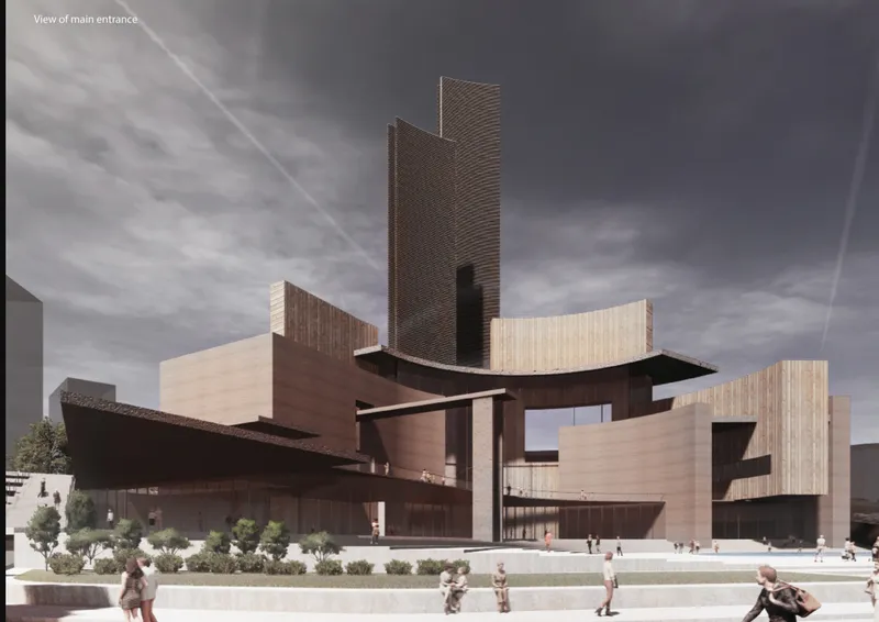 Architectural rendering of stacked volumes with timber and brick cladding around a public plaza with visitors