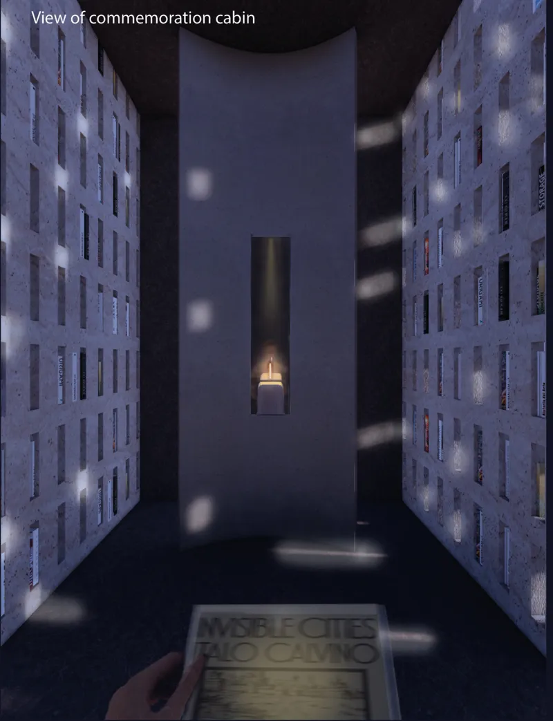 Nighttime rendering of a tall narrow memorial chamber with illuminated niches in flanking walls