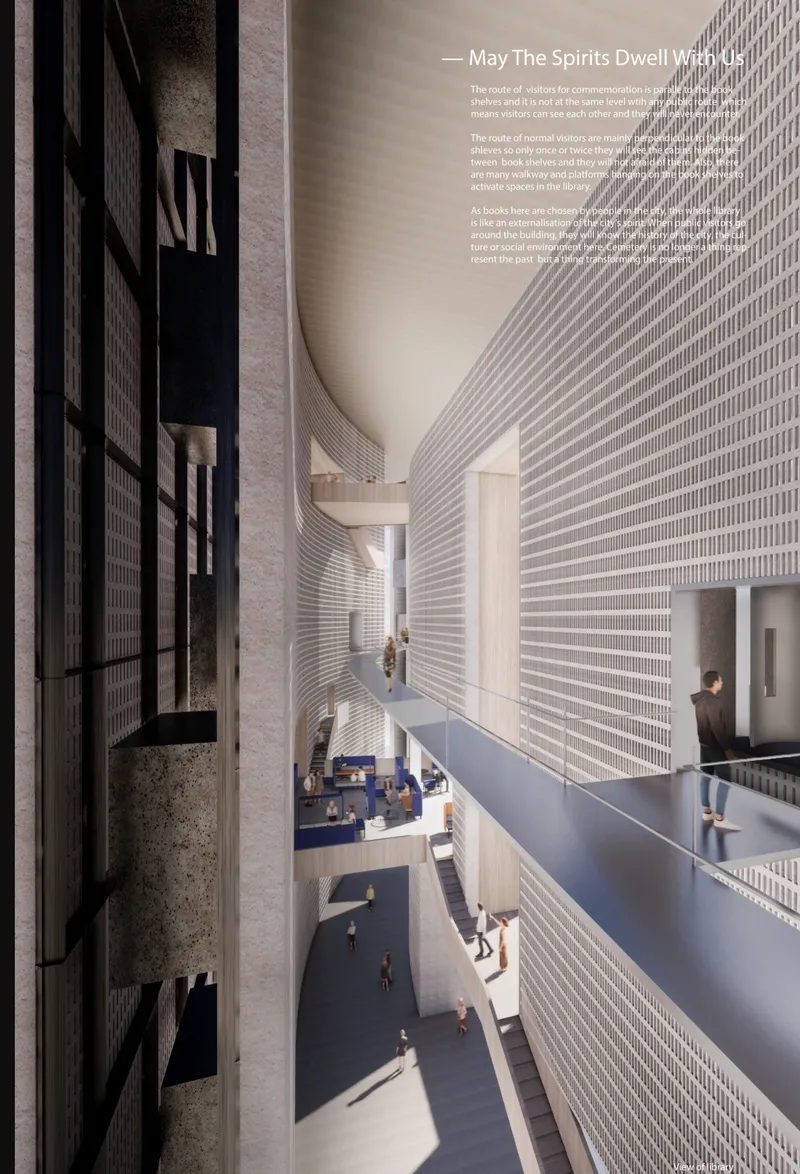 Interior section rendering showing a multi-level atrium with horizontal louvers and visitors on terraced floors