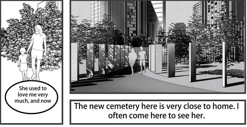 Perspective drawing of a memorial courtyard with white walls and a tree-lined path flanked by towers