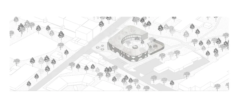 Axonometric drawing showing the building situated within a landscaped site with surrounding trees and pathways