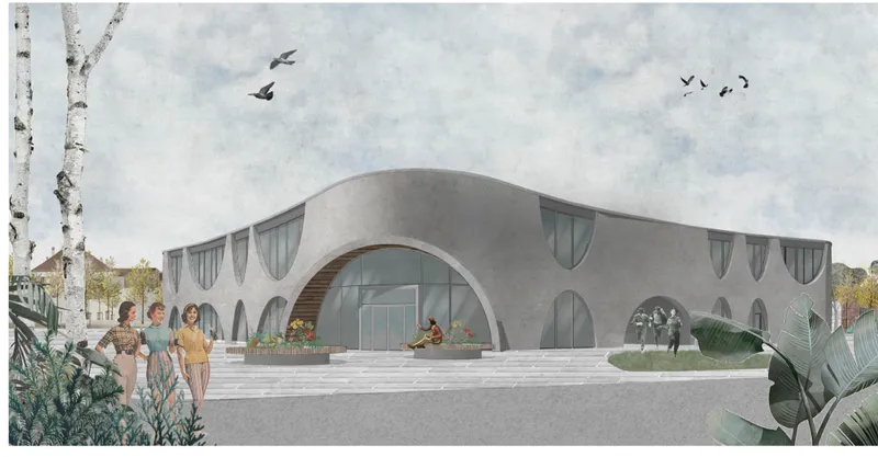 Rendered exterior view of a curved building with arched openings and people gathered on a paved plaza