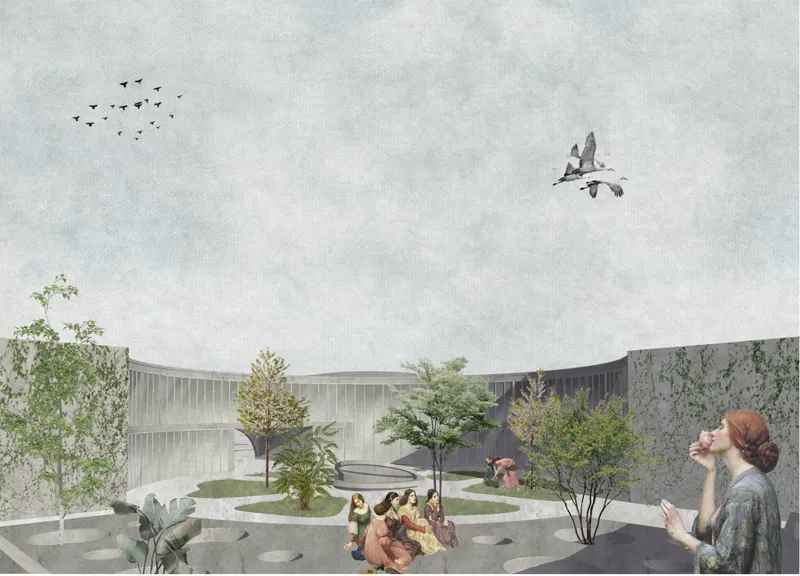 Rendered interior courtyard view with circular planters, young trees, and people beneath a cloudy sky with birds