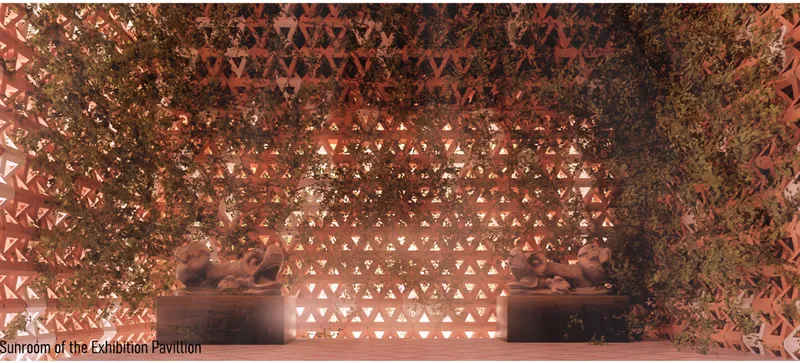 Interior view of the triangular perforated screen wall at night with planted greenery at the edges