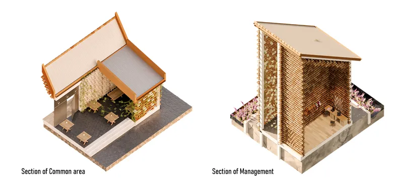 Physical section models showing the gabled volumes with latticed walls and interior spatial configurations