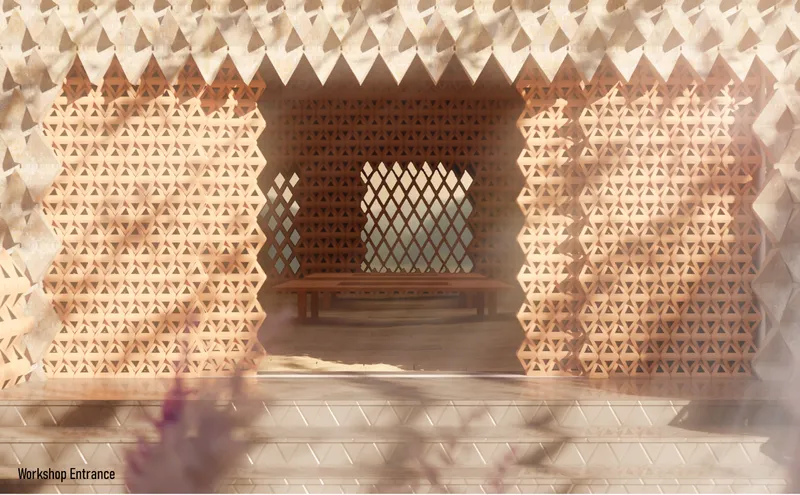 Entrance threshold framed by triangular perforated clay screens with dappled sunlight and purple flowers in foreground