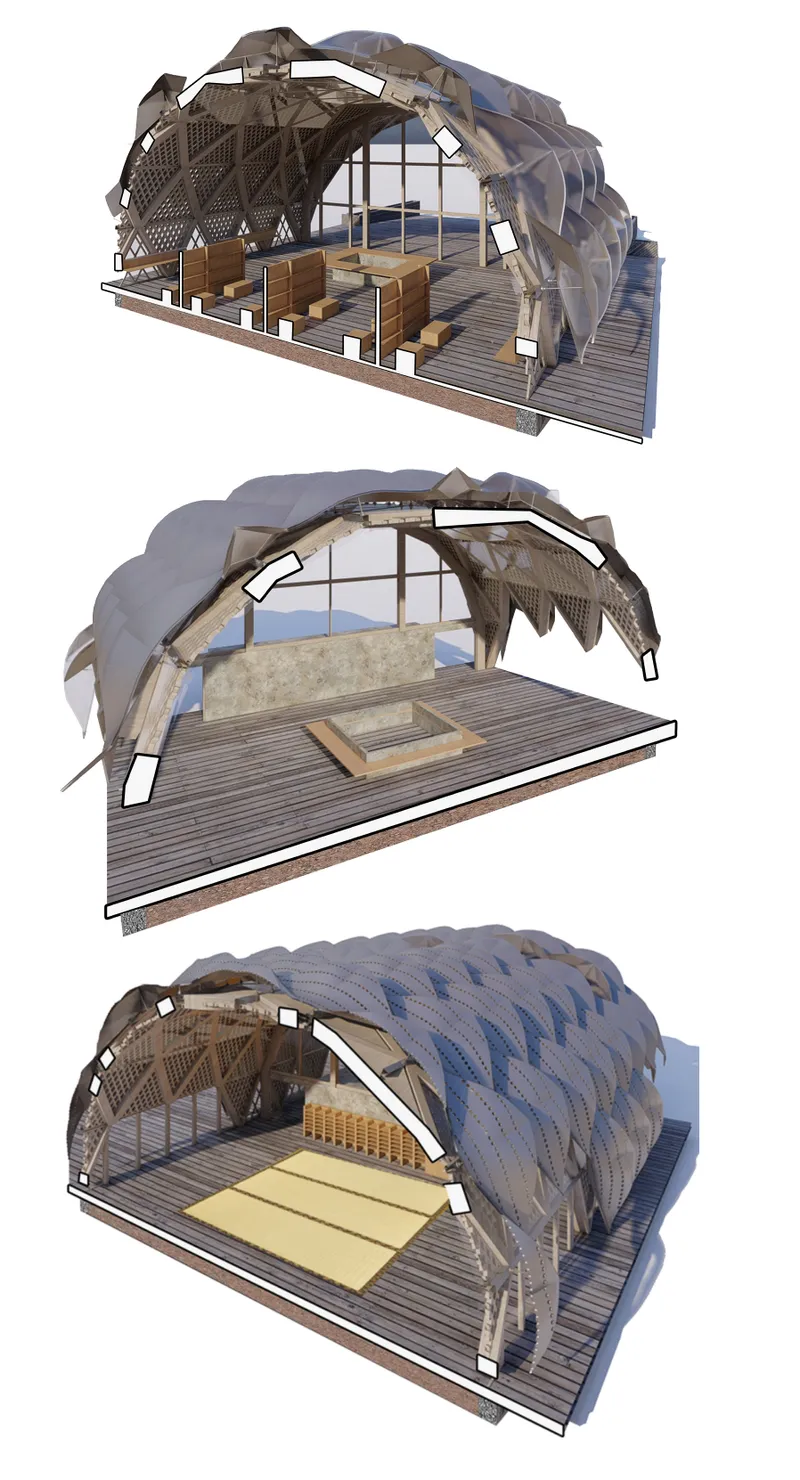 Axonometric drawing showing three pavilions with arched timber lattice structures and textile roofing over wooden decks