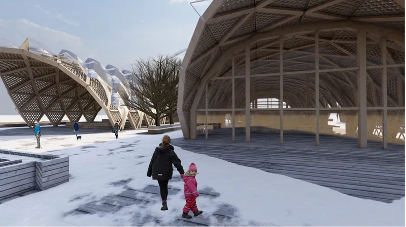 Woven timber shell pavilion with glass infill panels on a snowy plaza with an adult and child walking