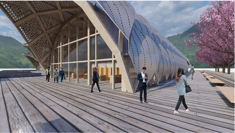 Timber deck promenade alongside the glazed pavilion entry with visitors strolling past a flowering cherry tree