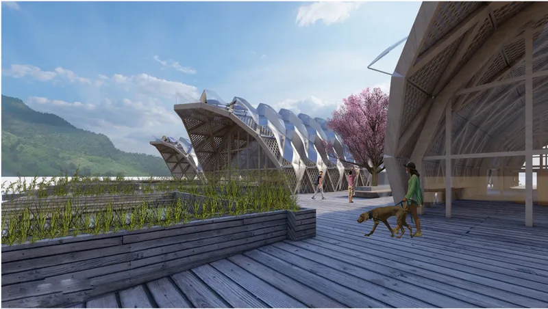 Covered boardwalk with planted beds and a visitor walking a dog beneath the cantilevered lattice canopy