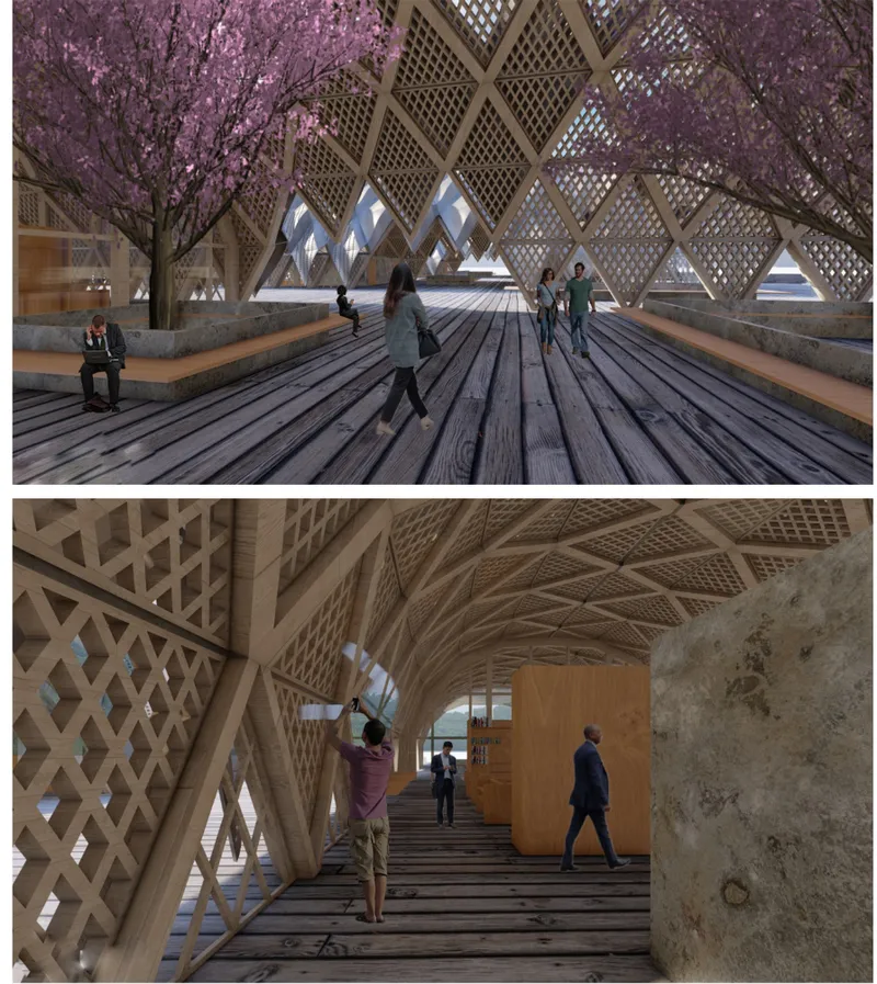 Interior view of the vaulted lattice structure with cherry trees and visitors beneath diamond-patterned timber screens