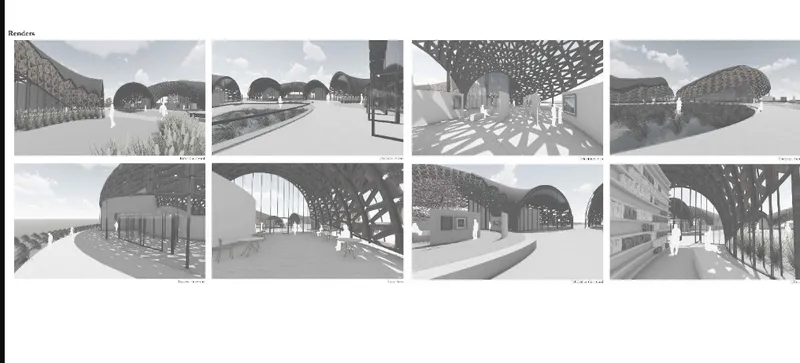 Series of rendered views showing vaulted structures with perforated screens casting dappled shadows across paved surfaces