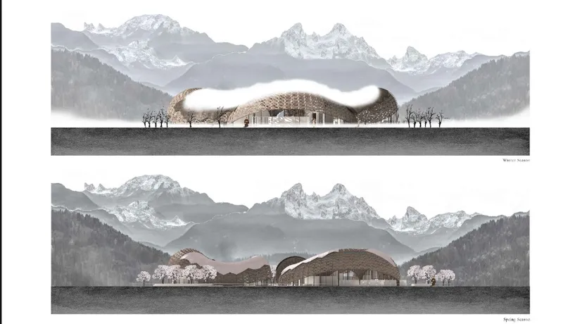 Elevation section drawings showing three vaulted volumes against a backdrop of snow-capped mountain peaks and forest