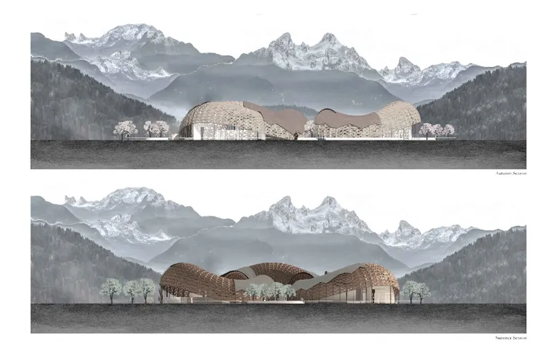 Elevation section drawings depicting latticed vault structures with interior volumes set against layered mountain ranges and trees