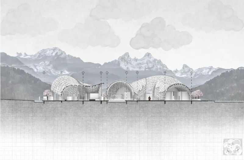 Section drawing showing interconnected domed and vaulted spaces with human figures beneath mountain peaks and clouds