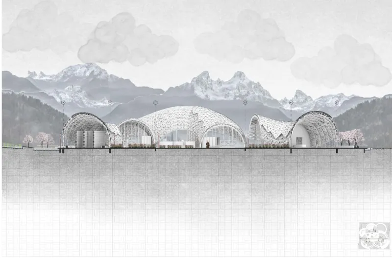 Section drawing revealing the interior spatial arrangement of five vaulted chambers against a misty mountain landscape
