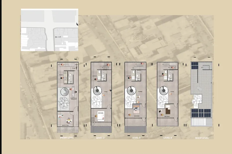 Floor plan drawing showing five sequential residential levels from ground to roof with central courtyards