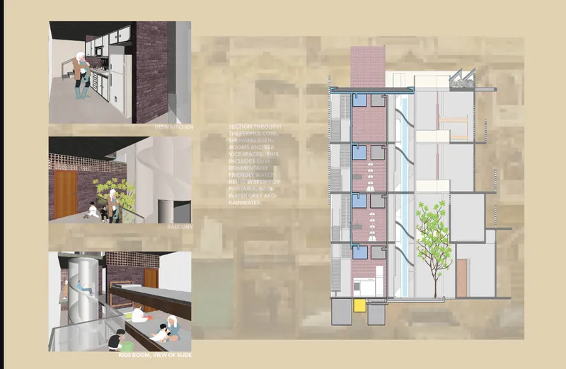 Building section drawing revealing stacked units with interior vignettes of kitchen and stairwell spaces