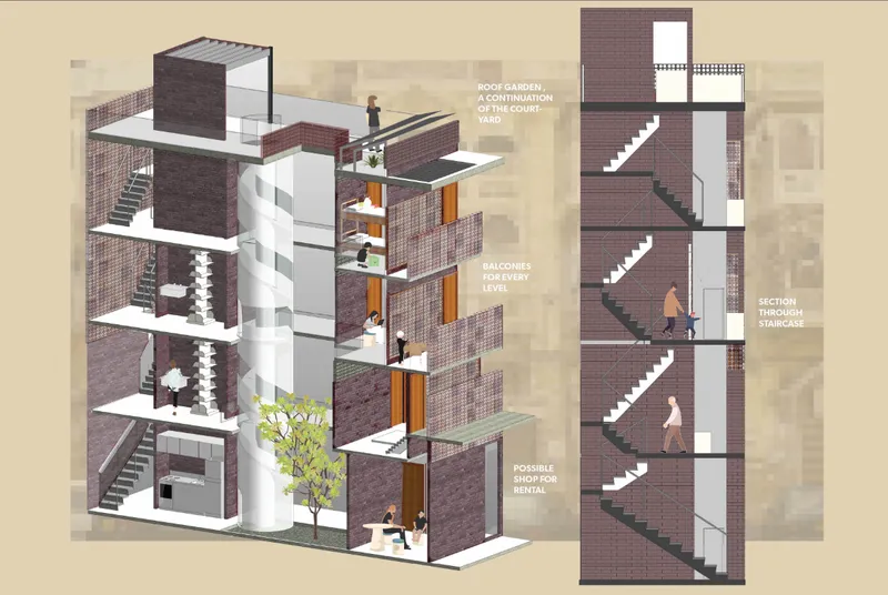 Axonometric cutaway and section drawing showing brick volumes with offset balconies and zigzagging stair
