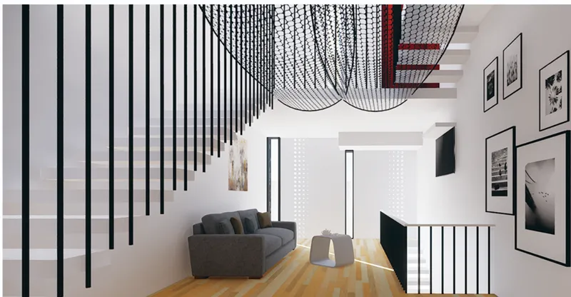Double-height living space with vertical black slats suspended from ceiling and framed photographs on walls