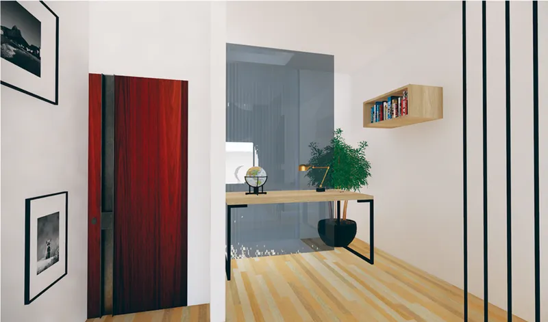 Entry corridor with striped wood flooring leading to a console table with potted plant