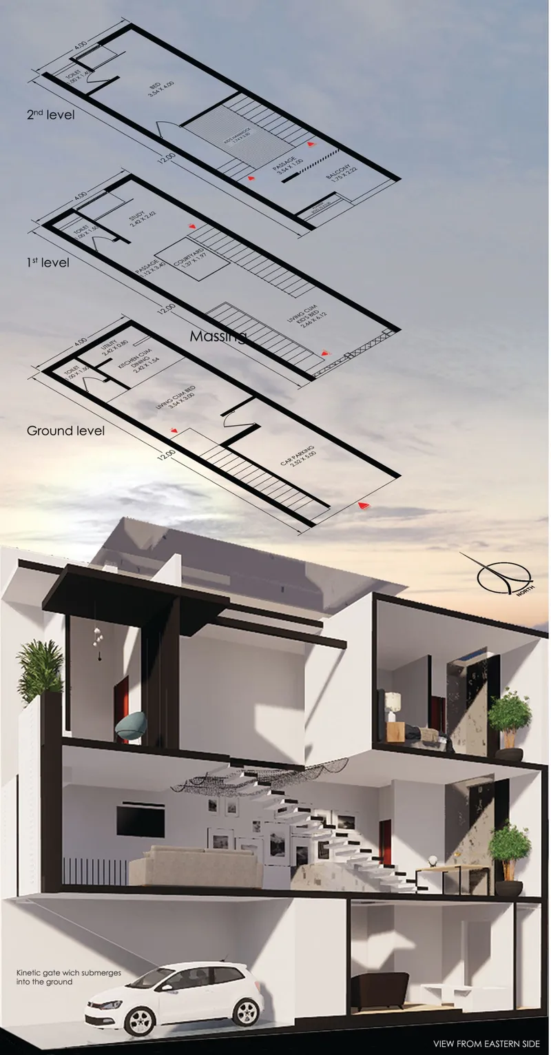Exploded axonometric drawing showing three floor plans above a sectional view of the narrow house